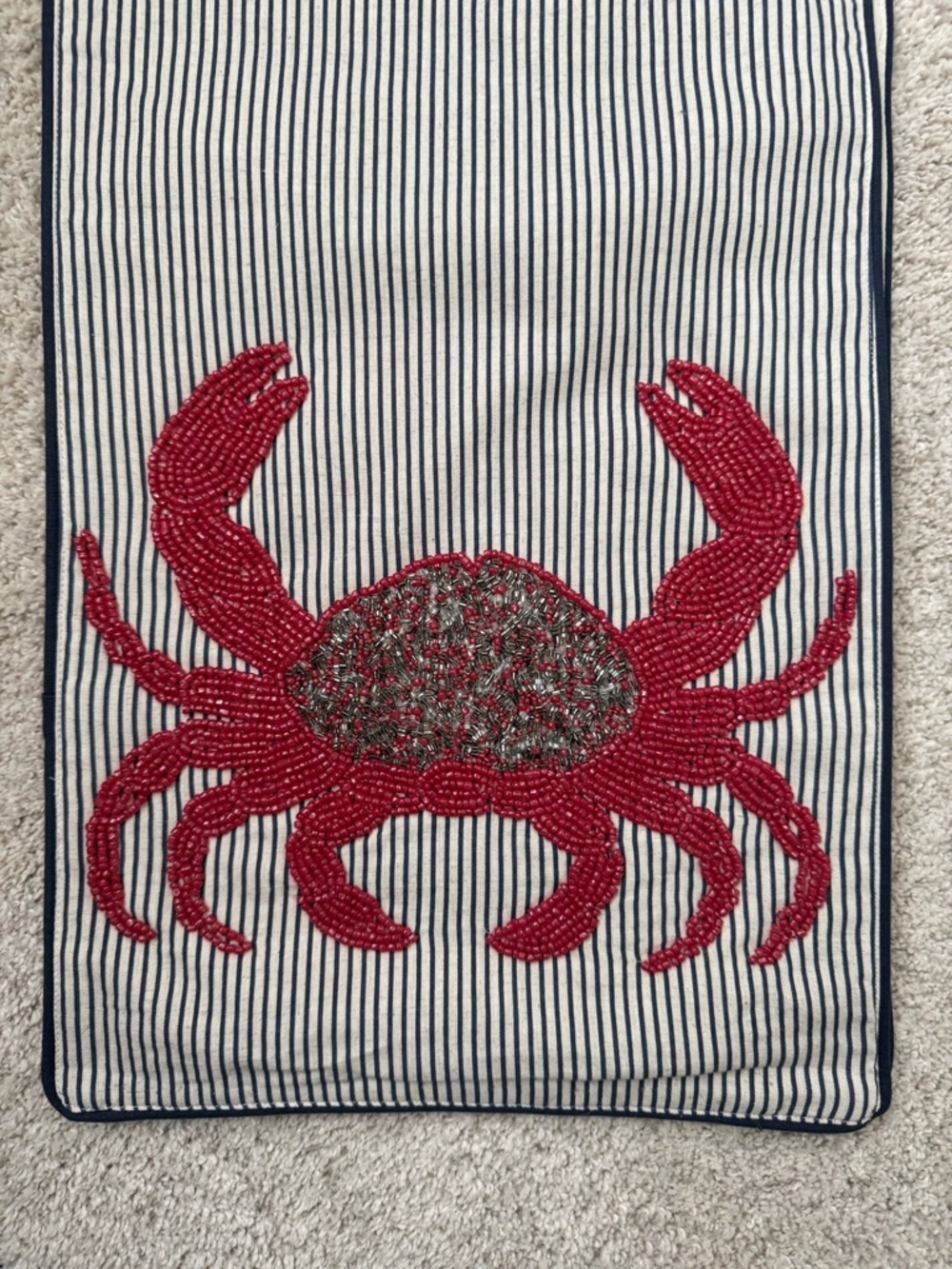 RARE Pier 1 Red Beaded Crab Accent on Navy Stripe Table Runner